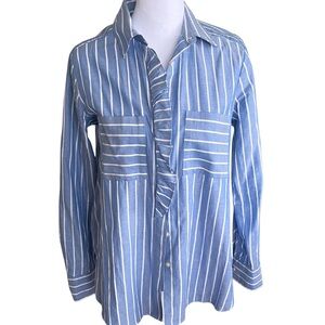 LOFT Blue and White Striped Button Down with Ruffle